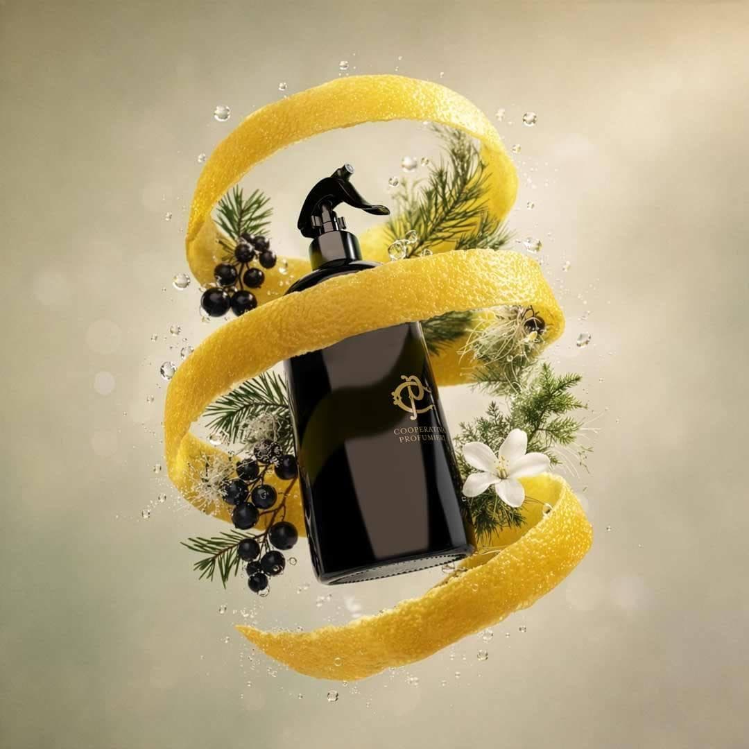Czarny, błyszczący flakon zapachu do domu Cooperativa Profumieri ze złotym logo, unoszący się w powietrzu w otoczeniu dynamicznie zakręconej, spiralnej skórki od cytryny. W tle oraz wokół flakonu lewitują zielone gałązki sosny, owoce czarnej porzeczki, drobne kropelki wody oraz delikatny, biały kwiatek jaśminu. Całość zawieszona jest na ciepłym, subtelnie rozproszonym i świetlistym tle beżowo-zielonym.