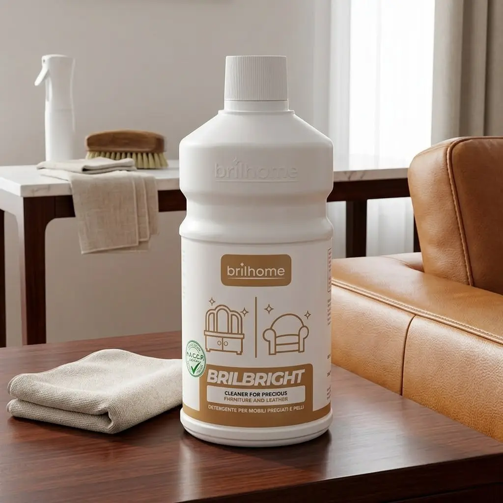 Ultrarealistyczna grafika produktowa butelki Brilbright marki Brilhome w luksusowym salonie. Biała butelka ze złotą etykietą i ikonami garderobki oraz sofy stoi na ciemnym, drewnianym stole o wysokim połysku. Obok leży miękka ściereczka, a w tle widać fragment wysokiej jakości skórzanego fotela w kolorze miodowym oraz nowoczesne, jasne wnętrze. Na etykiecie umieszczono zielony symbol H.A.C.C.P., podkreślający profesjonalny standard higieniczny produktu. Wszystkie powierzchnie są krystalicznie czyste i zadbane.
