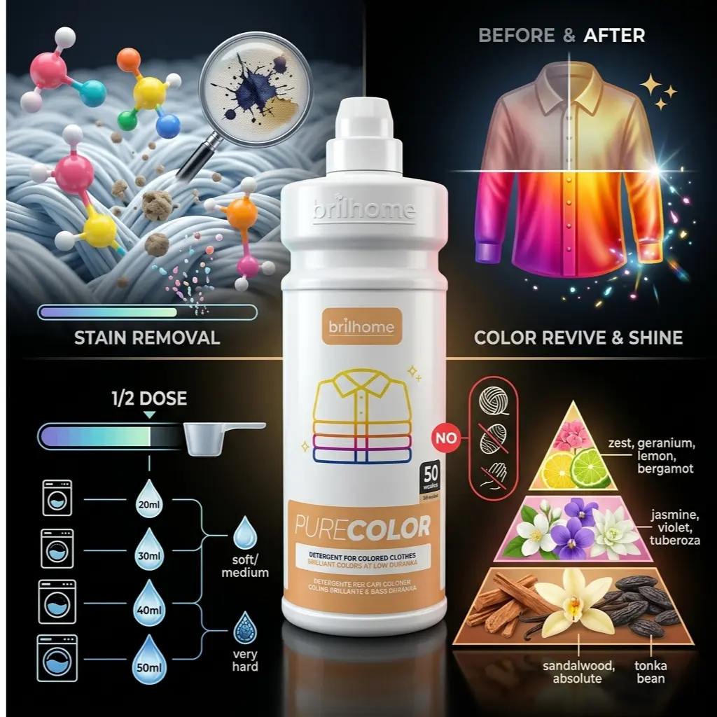 Nowoczesny render reklamowy butelki płynu brilhome PURE COLOR na ciemnym tle. Biała butelka detergentu z pomarańczową etykietą przedstawiającą ikonę kolorowej koszuli znajduje się w centralnej części kompozycji. Wokół butelki umieszczono dynamiczne infografiki obrazujące korzyści ze stosowania produktu. W lewym górnym rogu widać splecione pęczki kolorowych włókien; lewy jest blady i wyblakły, a prawy nasycony głębokim kolorem, obok którego unoszą się kolorowe ikony molekuł. W prawym górnym rogu przedstawiono kolorowy pęk włókien z efektem połysku i ikonami zapobiegającymi blaknięciu. U dołu po lewej stronie znajduje się piktogram prania w niskich temperaturach 20°C i 30°C oraz symbole drobnoustrojów i cząsteczek brudu, które są skutecznie usuwane. Po prawej stronie widać wskaźnik postępu i piktogramy pokazujące ochronę tkanin. Całość jest podświetlona kolorowym światłem i odbija się w czarnej, szklanej powierzchni, na której stoi butelka.
