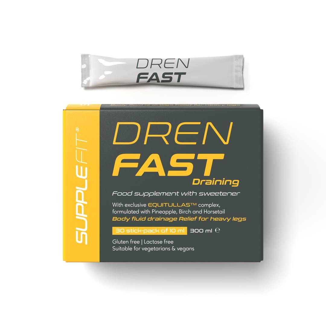 Profesjonalne ujęcie produktu DREN FAST Supplefit: ciemnoszare pudełko z żółtymi akcentami oraz jedna biała saszetka typu stick-pack na białym tle. Widoczne logo marki i napis Draining.