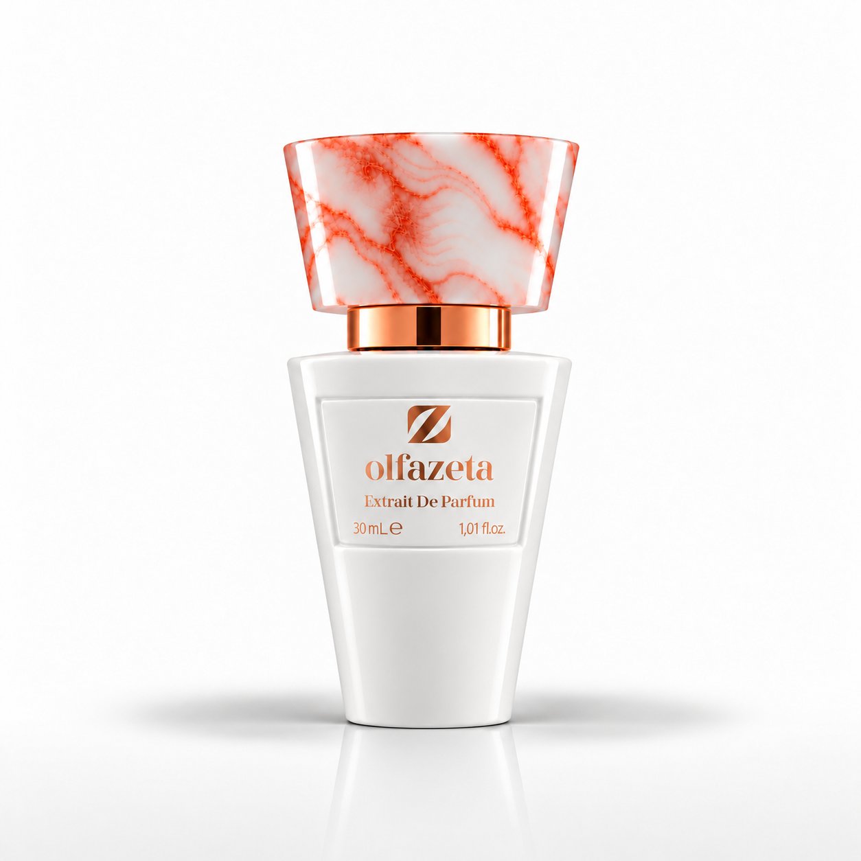 Chogan 051 Miss Bijou – orientalno-kwiatowe perfumy damskie Olfazeta Extrait de Parfum 30 ml, biały flakon z nakrętką w koralowy marmurek