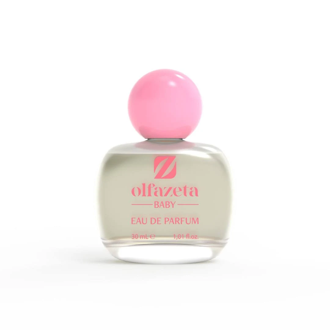 Chogan 058 Baby Girl – hipoalergiczne perfumy dla dziewczynek Olfazeta Baby, woda perfumowana 30 ml, zaokrąglony przezroczysty flakon z różową kulistą nakrętką