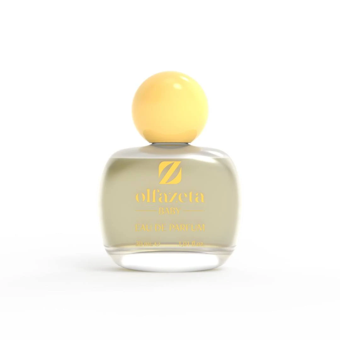 Chogan 059 Baby Joy – hipoalergiczne perfumy dla niemowląt Olfazeta Baby, woda perfumowana 30 ml, zaokrąglony przezroczysty flakon z pastelowo żółtą kulistą nakrętką