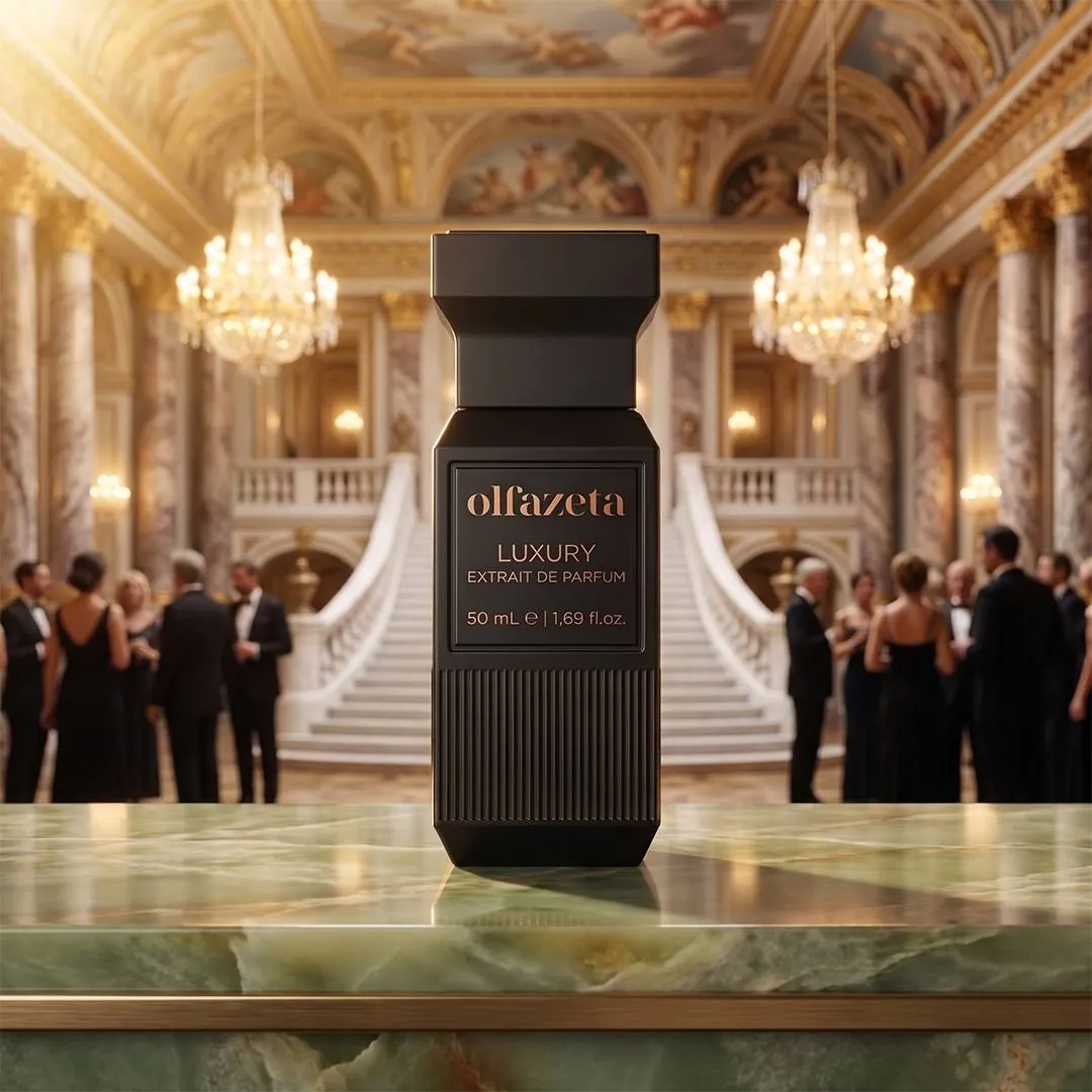 Czarny flakon perfum Olfazeta Volt 50 ml na marmurowym blacie w pałacowej sali balowej