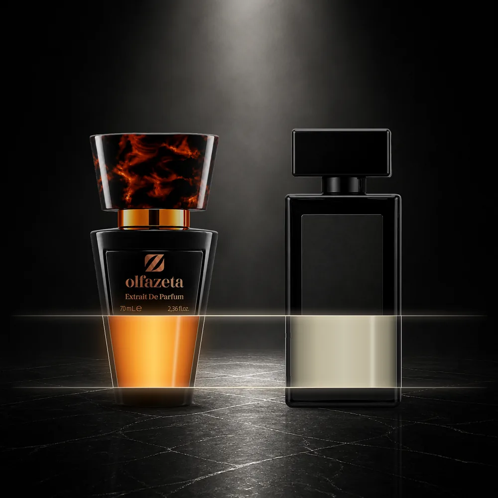 Flakon Olfazeta Extrait de Parfum 70 ml z gęstą bursztynową esencją obok flakonu bez marki z bladym płynem – porównanie stężenia esencji
