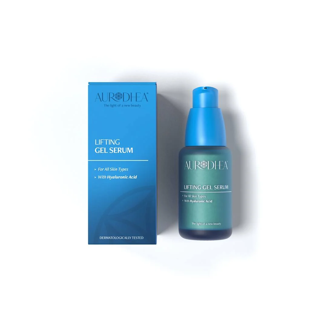Serum-żel liftingujące z kwasem hialuronowym Aurodhea 50 ml – niebieska butelka z pompką i pudełko